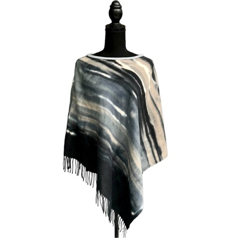 Juicy Couture Black Gray and Cream Watercolor Fringe Poncho